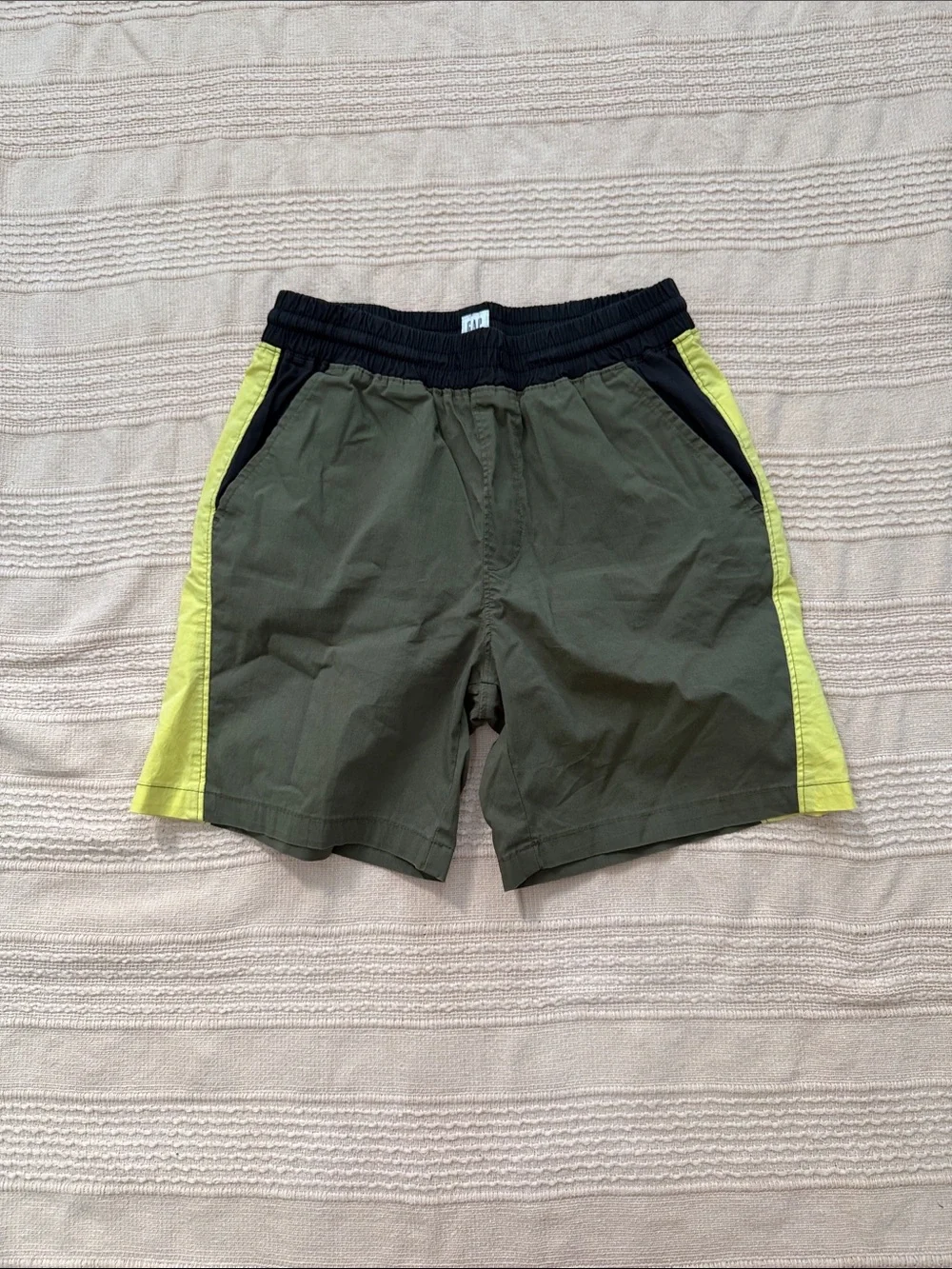 Boys Olive Green Elastic-Waist Shorts with Lime Side Panels